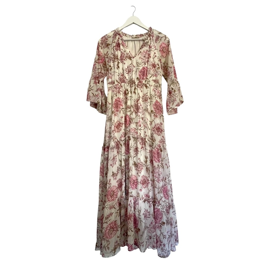 Altar'd State Ruffle Tiered Floral 3/4 Sleeve Pink & Brown Bell Maxi Dress SZ S